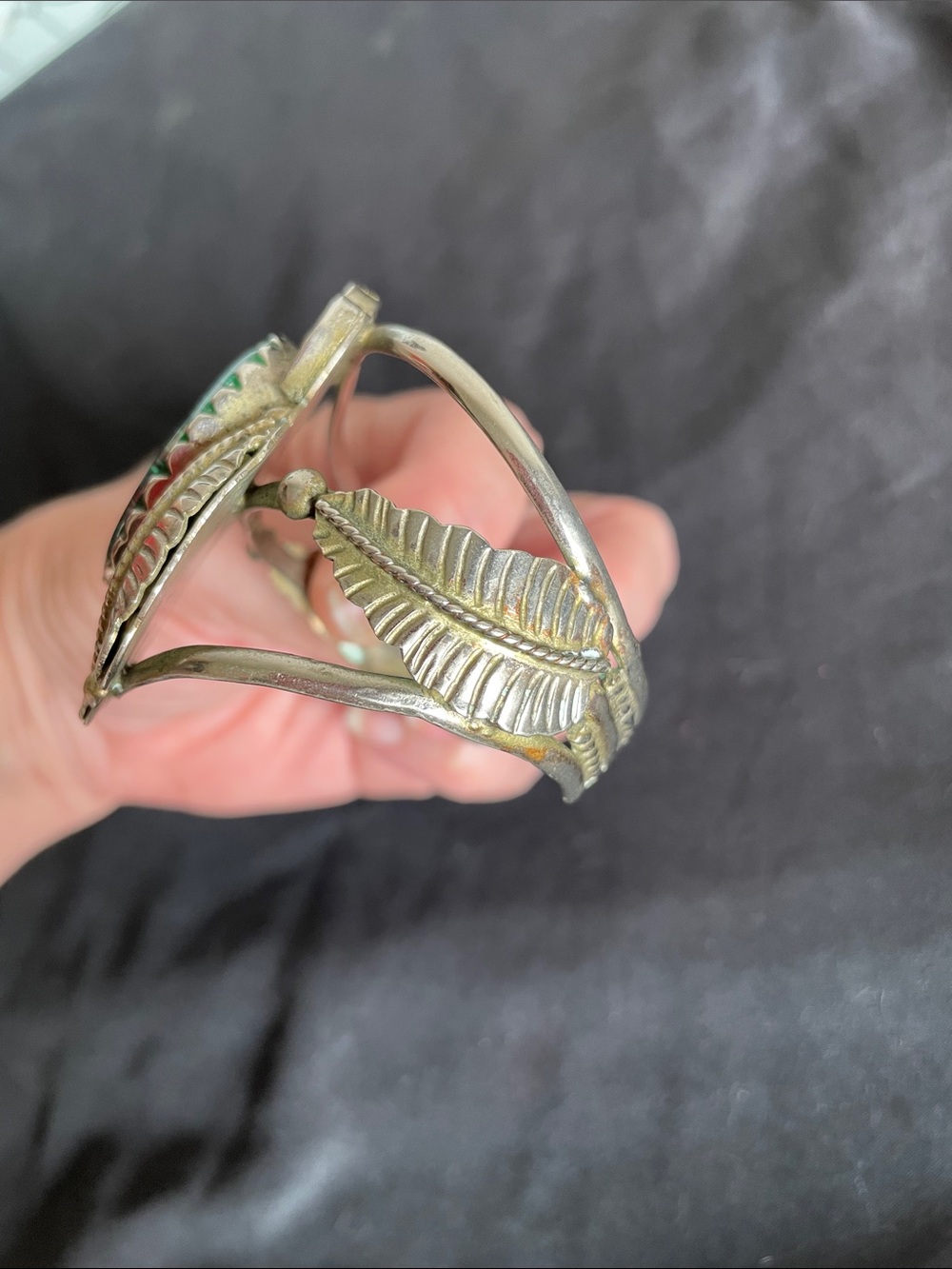 Sterling Silver Cuff Bracelet with Green Malachite Center- Adustable - Picture 3 of 9